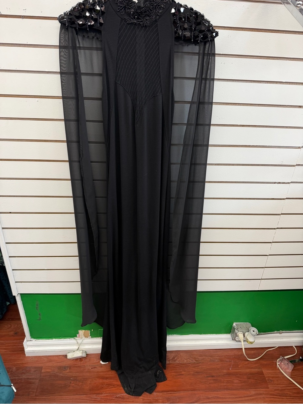 Kikiriki Black Embellished Maxi Dress Sheer Cape Sleeves XL